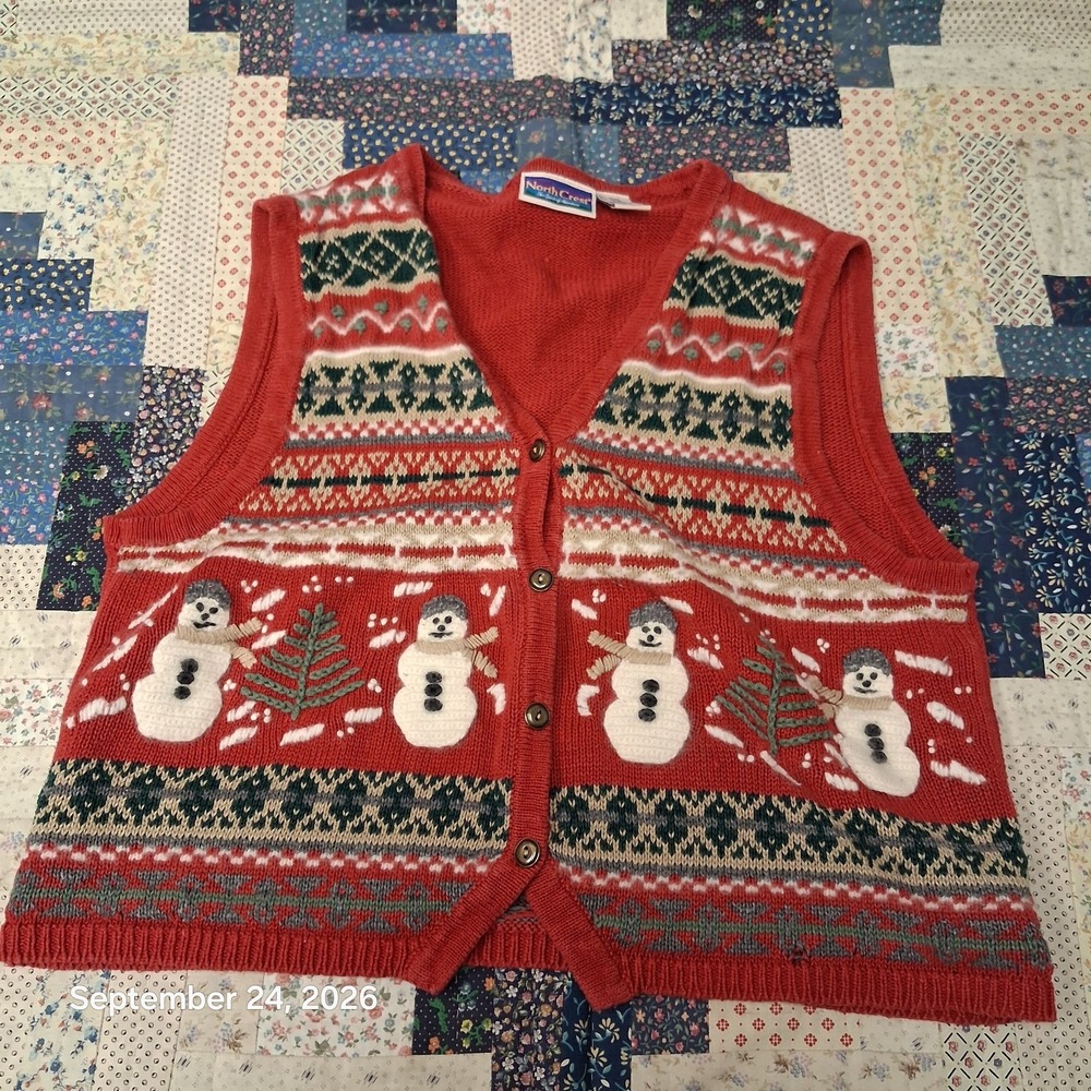 90s Vintage North Crest Snowman Fair Isle Christmas Sweater Vest Girls L 14 16